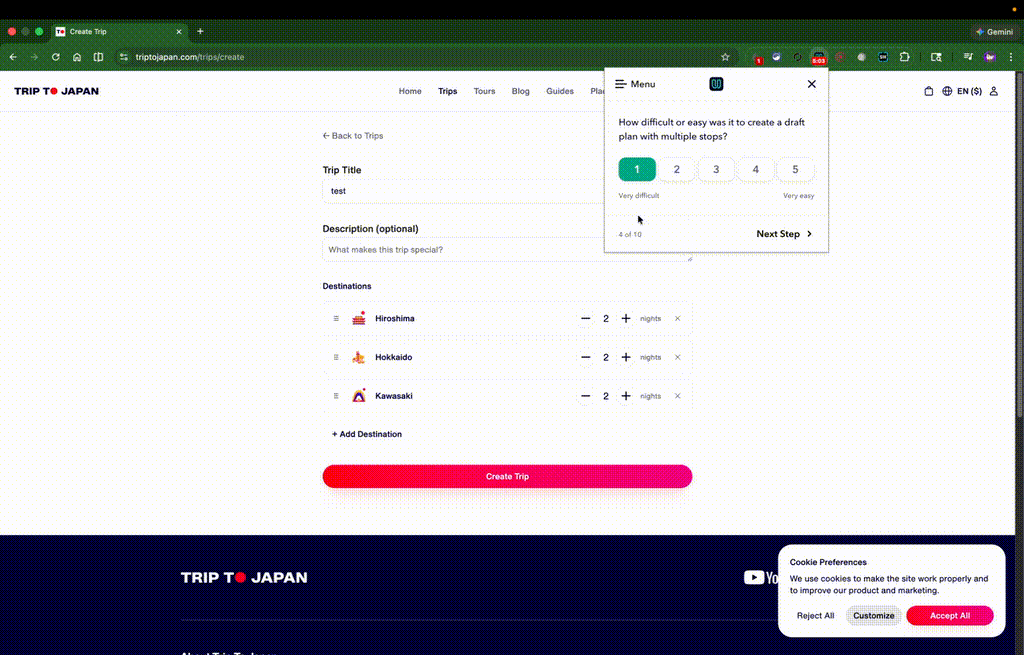 Create Trip button does nothing